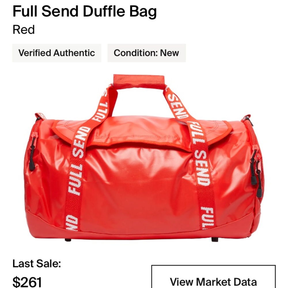 BRAND NEW IN PLASTIC, RED fullsend duffel bag. Comes with tags